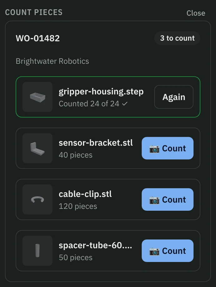 Count pieces screen on a phone: order WO-01482 with four parts, one already counted 24 of 24, the others each with a Count button